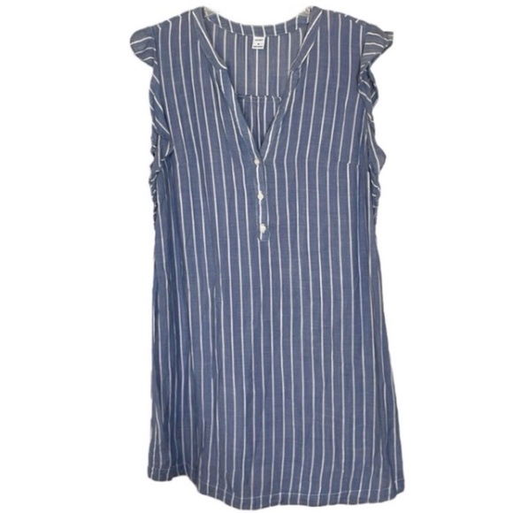 Old Navy Dress Swim Coverup Cotton Chambray Stripes Ruffle Denim Blue White Gift - Picture 1 of 17
